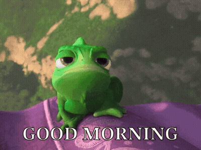 A Green Frog Sitting On A Purple Blanket With The Words Good Morning Written Below It GIF