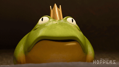A Green Frog With A Gold Crown On Its Head Is On A Disney Pixar Poster GIF