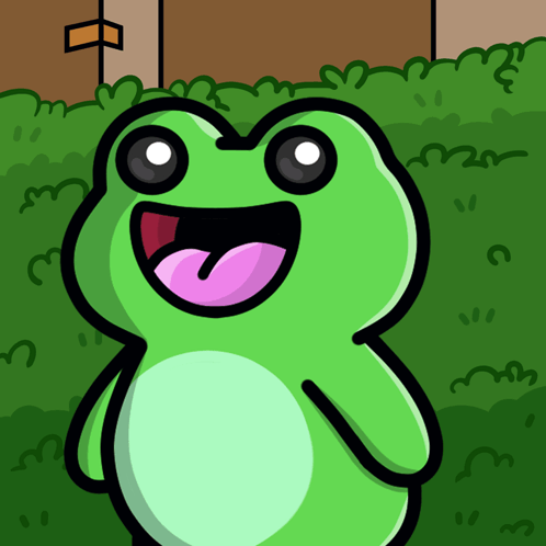 A Green Frog With A Pink Tongue Sticking Out Is Standing In The Grass GIF