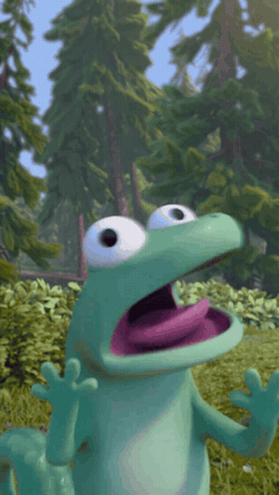 A Green Frog With A Purple Tongue Is Standing In A Field With Trees In The Background GIF