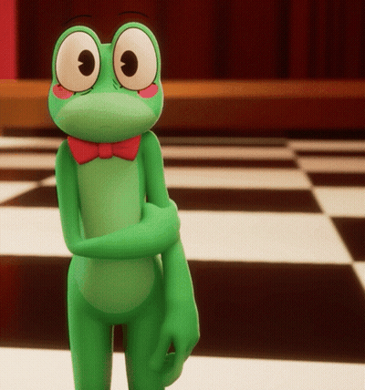 A Green Frog With Big Eyes And A Red Bow Tie GIF