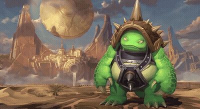 a green frog with spikes on its head stands in front of a castle