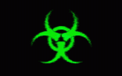 A Green Glowing Biohazard Sign On A Black Background . GIF