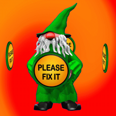 A Green Gnome Is Holding A Sign That Says " Please Fix It " GIF