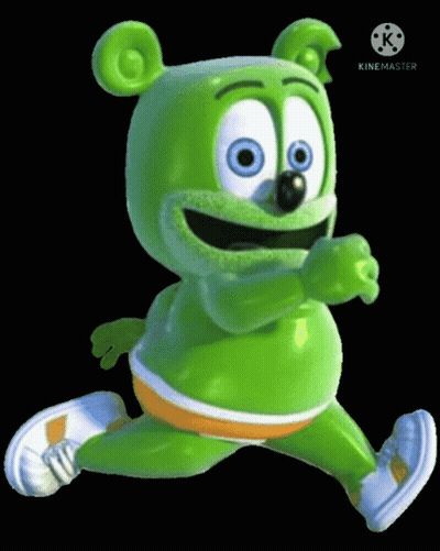 A Green Gummy Bear Is Running On A Black Background . GIF