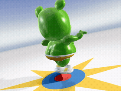 A Green Gummy Bear Is Standing On A Blue And Red Circle GIF