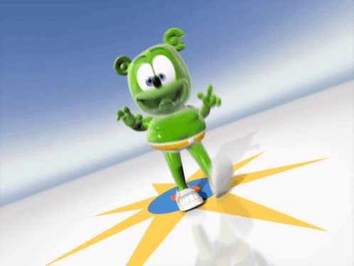 A Green Gummy Bear Is Standing On A Yellow And Blue Star GIF