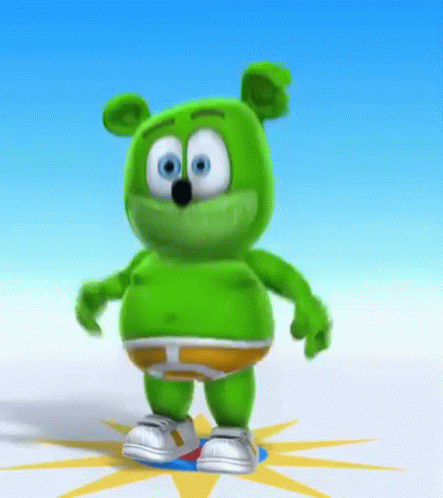 A Green Gummy Bear Is Standing On A Yellow Sun GIF