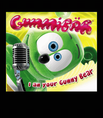 A Green Gummy Bear Singing Into A Microphone With The Words I Am Your Gummy Bear Below It GIF