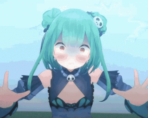 A Green Haired Anime Girl With A Skull Necklace On Her Neck GIF