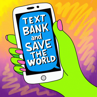 A Green Hand Is Holding A Cell Phone That Says Text Bank And Save The World On The Screen GIF