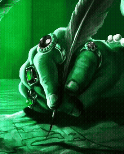 A Green Hand With Rings And A Feather Pen GIF