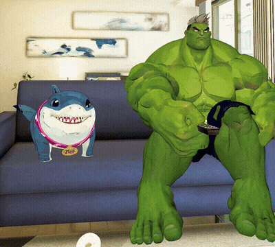 A Green Hulk Sits On A Blue Couch Next To A Blue Shark With A Tag That Says Peep GIF