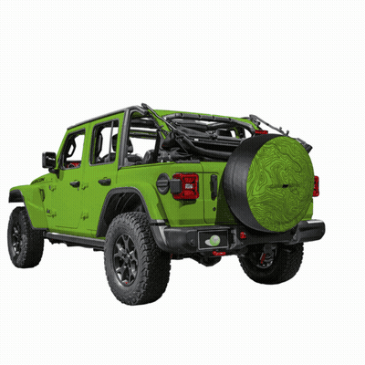 A Green Jeep With The Word Boomerang On Top GIF