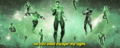A Green Lantern Is Surrounded By Other Green Lanterns And The Words `` No Evil Shall Escape My Sight '' GIF