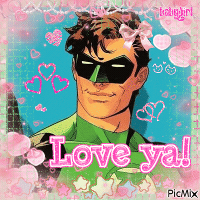 A Green Lantern With A Pink Bow On His Head Is Surrounded By Hearts And Says `` Love Ya '' . GIF