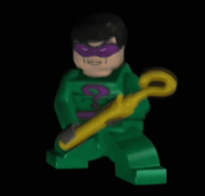 A Green Lego Figure With A Purple Mask And A Yellow Cane GIF