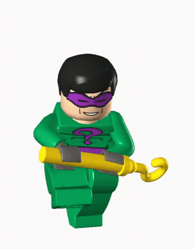 A Green Lego Figure With A Purple Question Mark On His Chest GIF