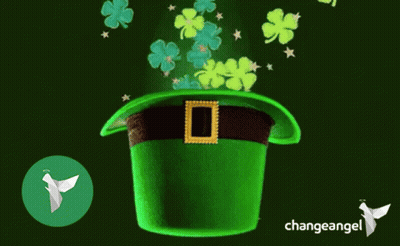 A Green Leprechaun Hat With Clovers Coming Out Of It And A Change Angel Logo GIF