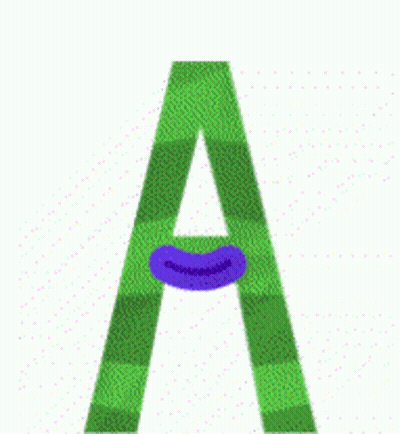 A Green Letter A With A Purple Mouth On A White Background GIF