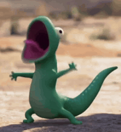 A Green Lizard With A Purple Tongue Is Standing On A Rock . GIF