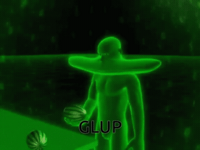 A Green Man Is Holding A Watermelon And The Word Glup Is On The Bottom Of The Screen . GIF