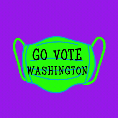 A Green Mask With The Words Go Vote Washington Written On It GIF