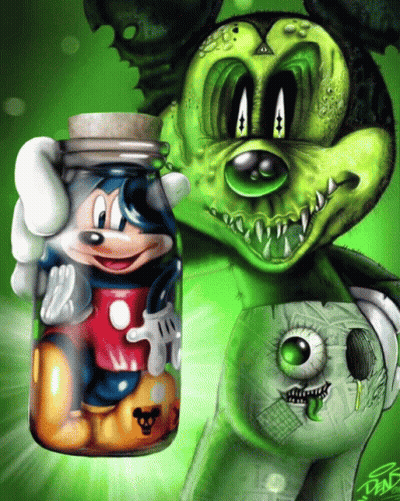 A Green Mickey Mouse Holding A Jar Of Mickey Mouse 'S Brain GIF