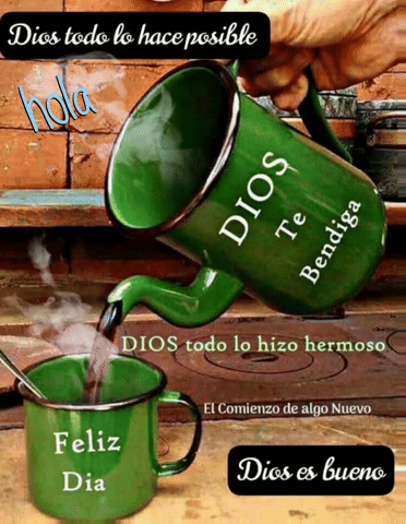A Green Mug That Says Dios Te Bendiga Is Being Poured Into Another Green Mug GIF