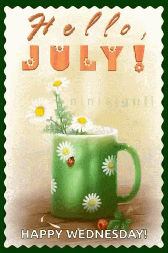 A Green Mug With Daisies And A Ladybug On It Says Hello July GIF
