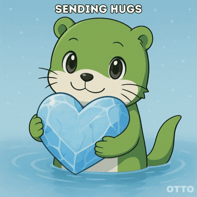A Green Otter Is Holding A Heart Shaped Ice Cube And The Words Sending Hugs Are Above It GIF