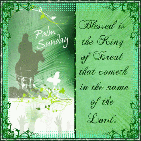 A Green Palm Sunday Greeting Card With A Silhouette Of A Man On A Donkey GIF