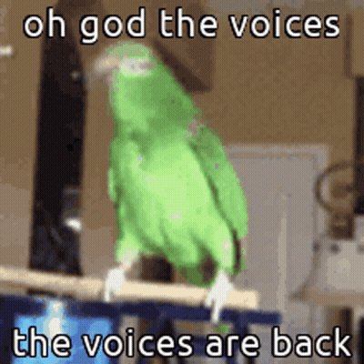 A Green Parrot Is Sitting On A Perch With The Words Oh God The Voices The Voices Are Back GIF