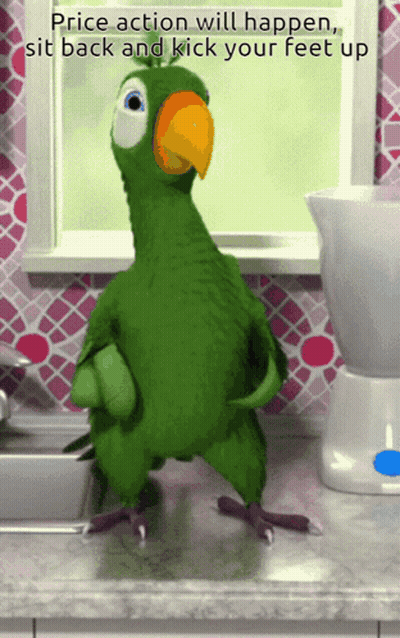 A Green Parrot Is Standing On A Counter With The Words Price Action Will Happen Sit Back And Kick Your Feet Up Above It GIF