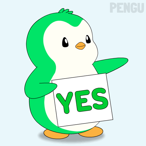 A Green Penguin Is Holding A Yes Sign GIF