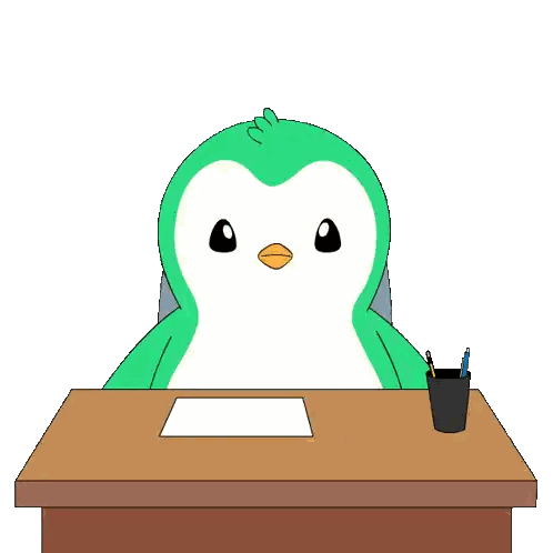 A Green Penguin Sits At A Desk With A Piece Of Paper And A Pen Sticker
