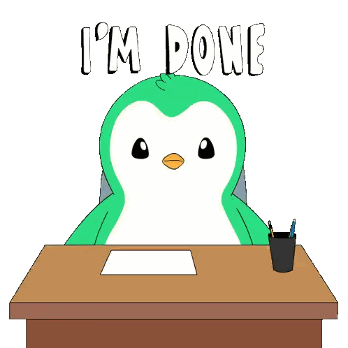 A Green Penguin Sits At A Desk With The Words " I 'M Done " Written Above It Sticker