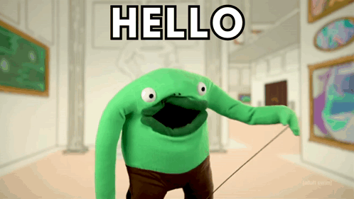 A Green Puppet Is Standing In A Hallway With The Words Hello Above It GIF