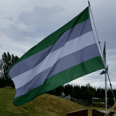 A Green Purple And White Flag Flies In The Wind GIF