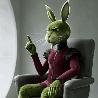 A Green Rabbit Is Sitting In A Chair And Pointing Upwards GIF