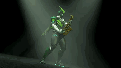 A Green Robot Is Playing A Saxophone In The Dark . GIF