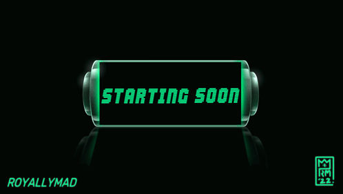 A Green Sign That Says Starting Soon On A Black Background GIF