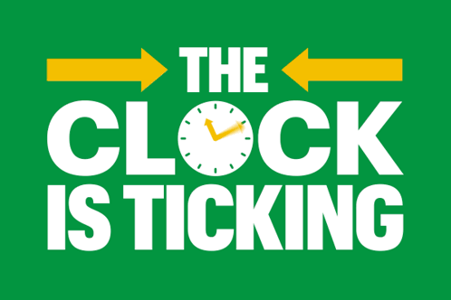 A Green Sign That Says The Clock Ticking With A Clock On It GIF