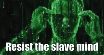 A Green Skull With The Words `` Resist The Slave Mind '' Written On It . GIF