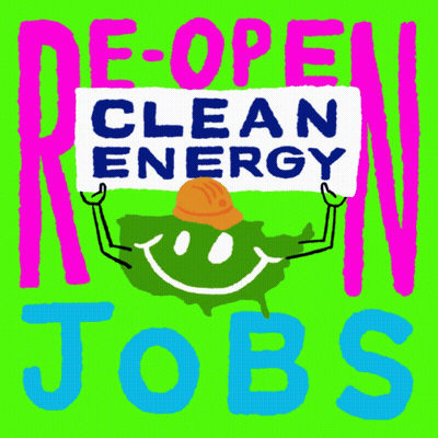 A Green Smiley Face Holding Up A Sign That Says Clean Energy GIF