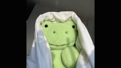 A Green Stuffed Frog Is Hiding Under A White Blanket . GIF