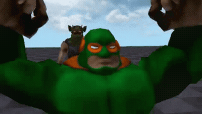 A Green Superhero With Orange Eyes Is Flexing His Muscles GIF