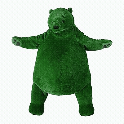 A Green Teddy Bear With Its Arms Outstretched Is Standing On A White Background . GIF