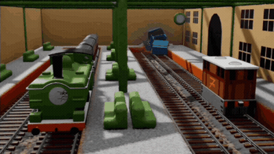 A Green Train With The Number 7 On The Front GIF