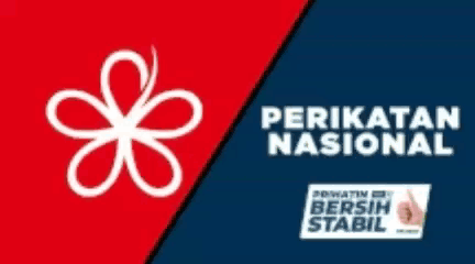 A Green Triangle With A Leaf On It Is On A Red And Blue Background Next To A Sign That Says Perikatan Nasional . GIF